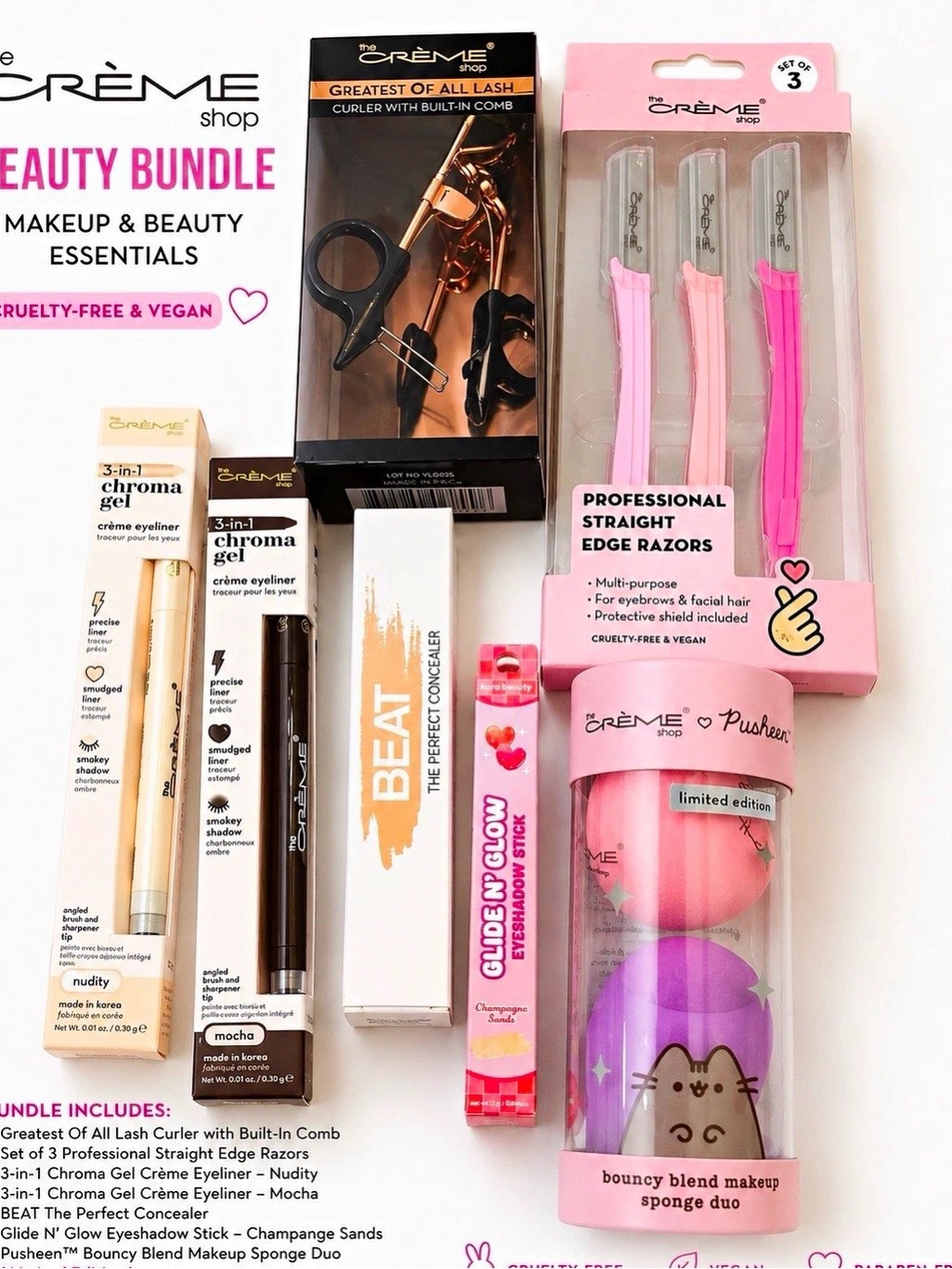 10 Piece Crème Shop Beauty Bundle Pusheen Makeup Eyeliner Razors Lash Curler